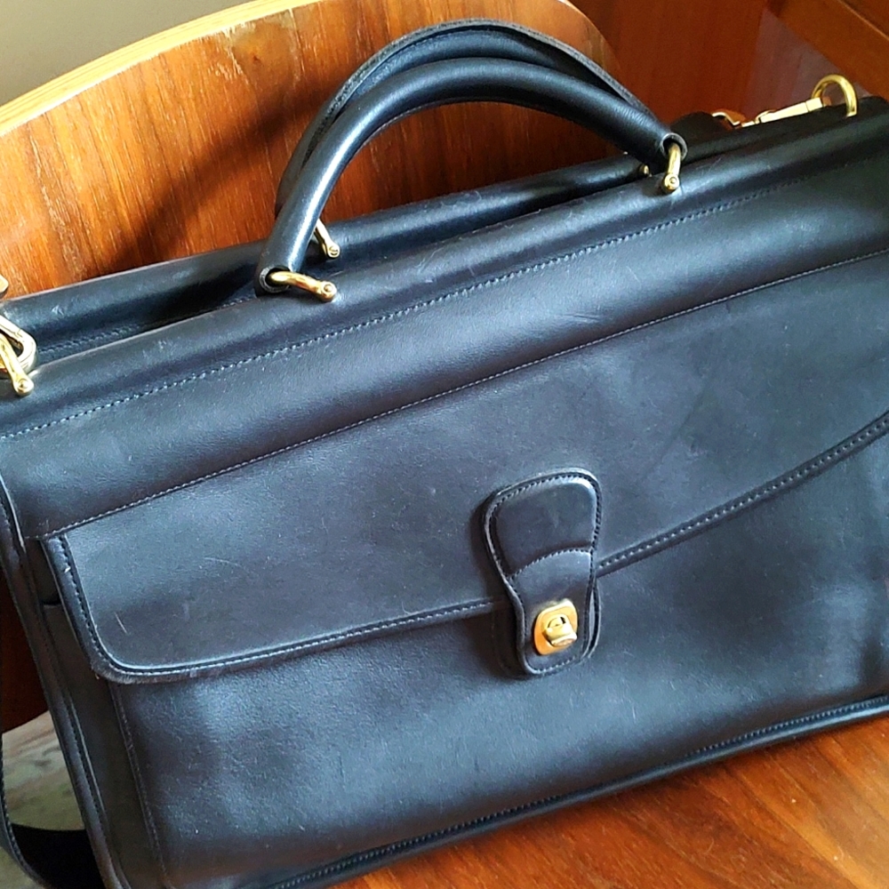 Coach Black Leather Laptop Bag with Gold Accents